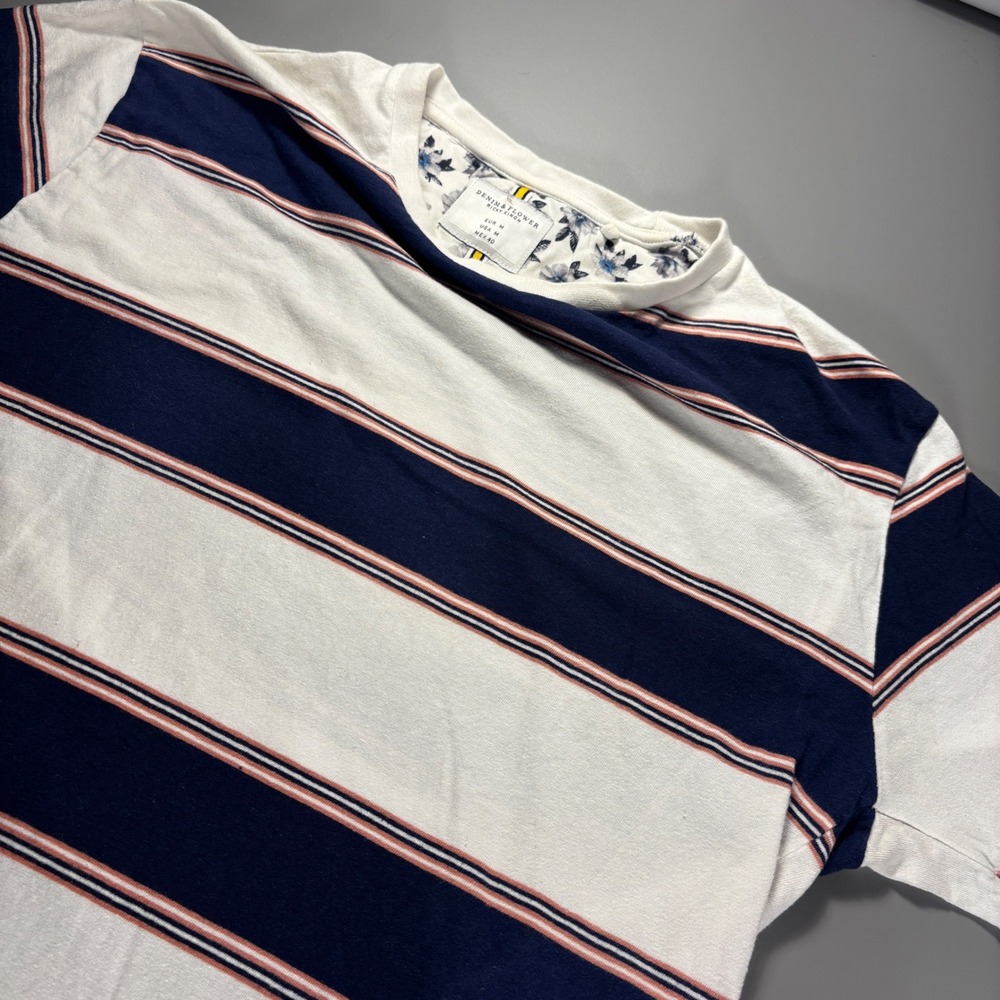 Denim & Flower Mens Striped T-Shirt Medium Blue White Peach Floral‎ Neck Trim